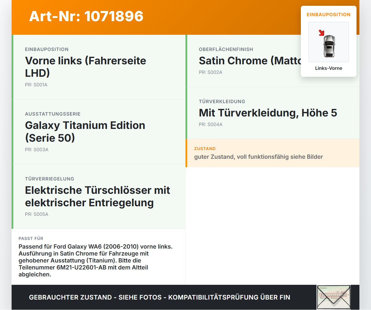 Ford Galaxy WA6 06-10 Türgriff Griff Griffmuschel Innen Links Vorne Ford Galaxy WA6 06-10 26.09.2008 7S71-A22601-AD... Vorschau 3
