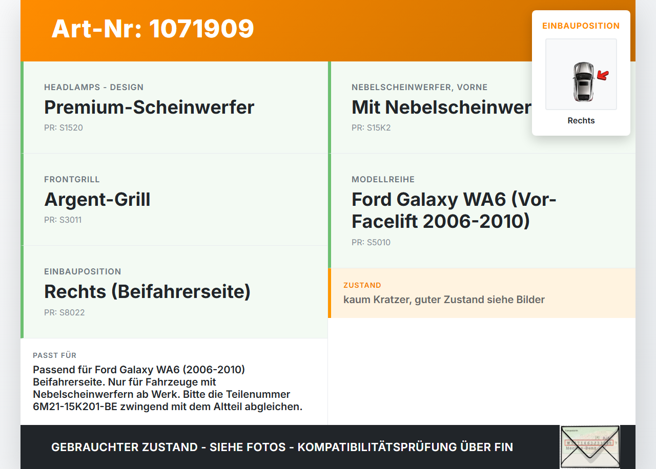 Ford Galaxy WA6 06-10 Nebelscheinwerfer Rechts orig Ford Galaxy WA6 06-10 26.09.2008 6M21-15B207-AA 6M21-15K201-BE... Vorschau 3