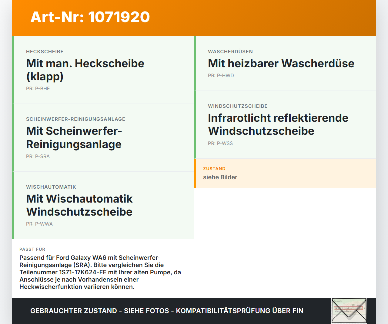 Ford Galaxy WA6 06-10 Wischwasserpumpe Waschpumpe Vo. Ford Galaxy WA6 06-10 26.09.2008 1S71-17K624-FE gebraucht Vorschau 3