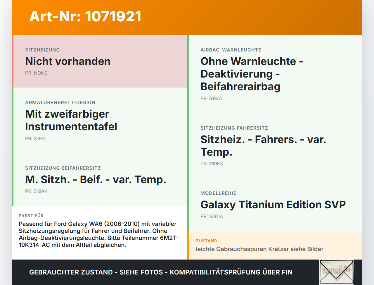Ford Galaxy WA6 06-10 Sitzheizung Schalter Regler Ford Galaxy WA6 06-10 26.09.2008 6M2T-13A350-AB 6M2T-19K314-AC... Vorschau 3