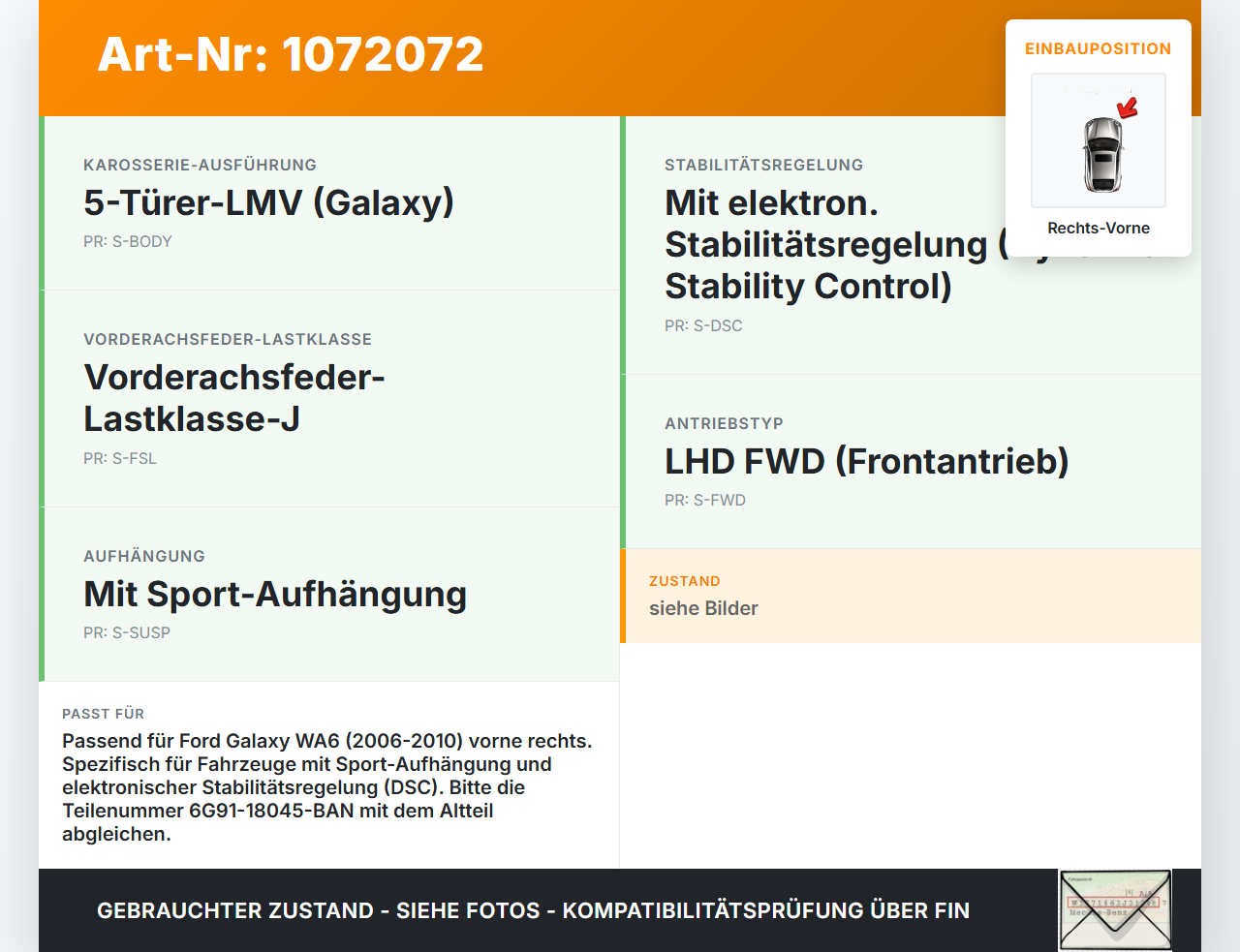 Ford Galaxy WA6 06-10 Stossdämpfer Federbein Vorne Rechts Ford Galaxy WA6 06-10 26.09.2008 6G91-18045-BAN... Vorschau 3