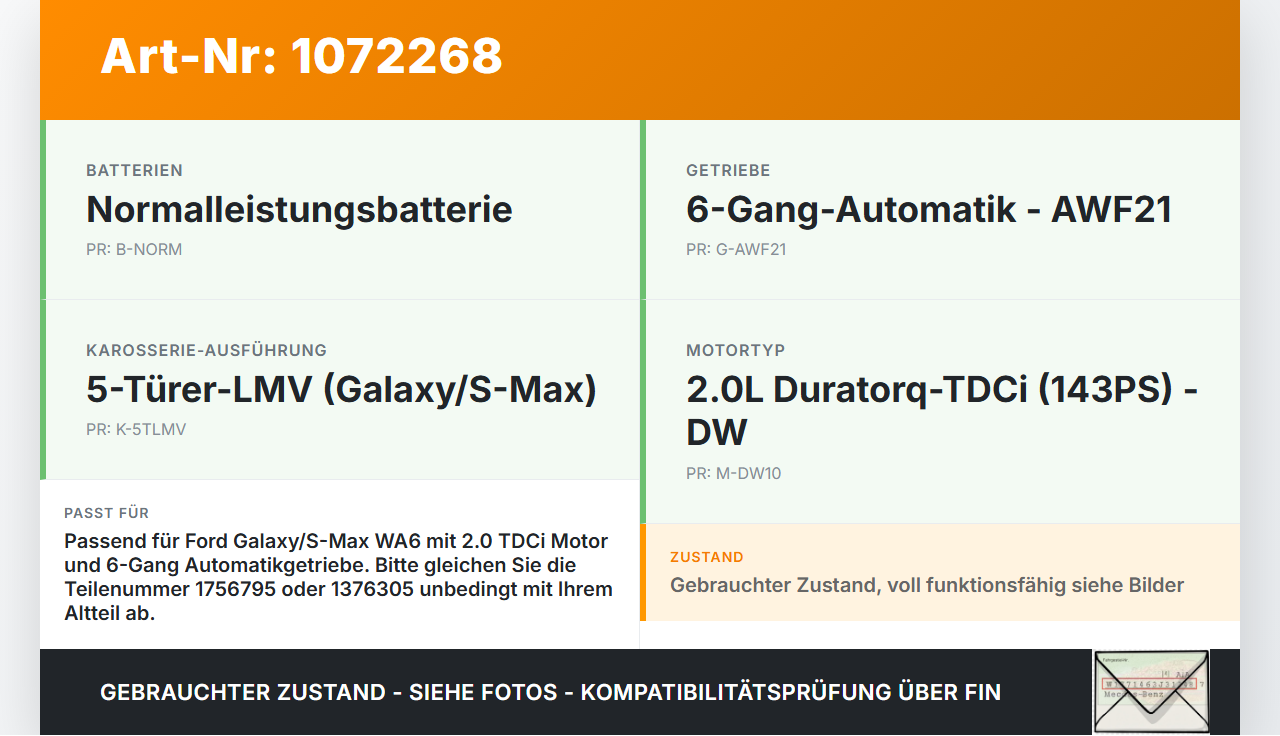 Ford Galaxy WA6 06-10 2,0 103KW Autom Anlasser Starter Ford Galaxy WA6 06-10 26.09.2008 6G9N-11000-FA gebraucht Vorschau 3