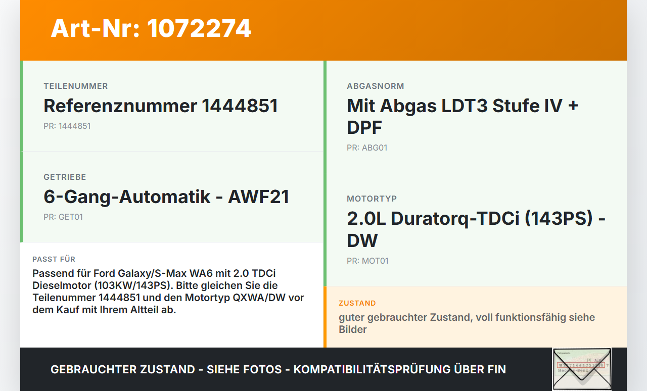 Ford Galaxy WA6 06-10 2,0 103KW QXWA Drosselklappe Ford Galaxy WA6 06-10 26.09.2008 W506974-S303 6G9Q-9E926-AE gebraucht Vorschau 3