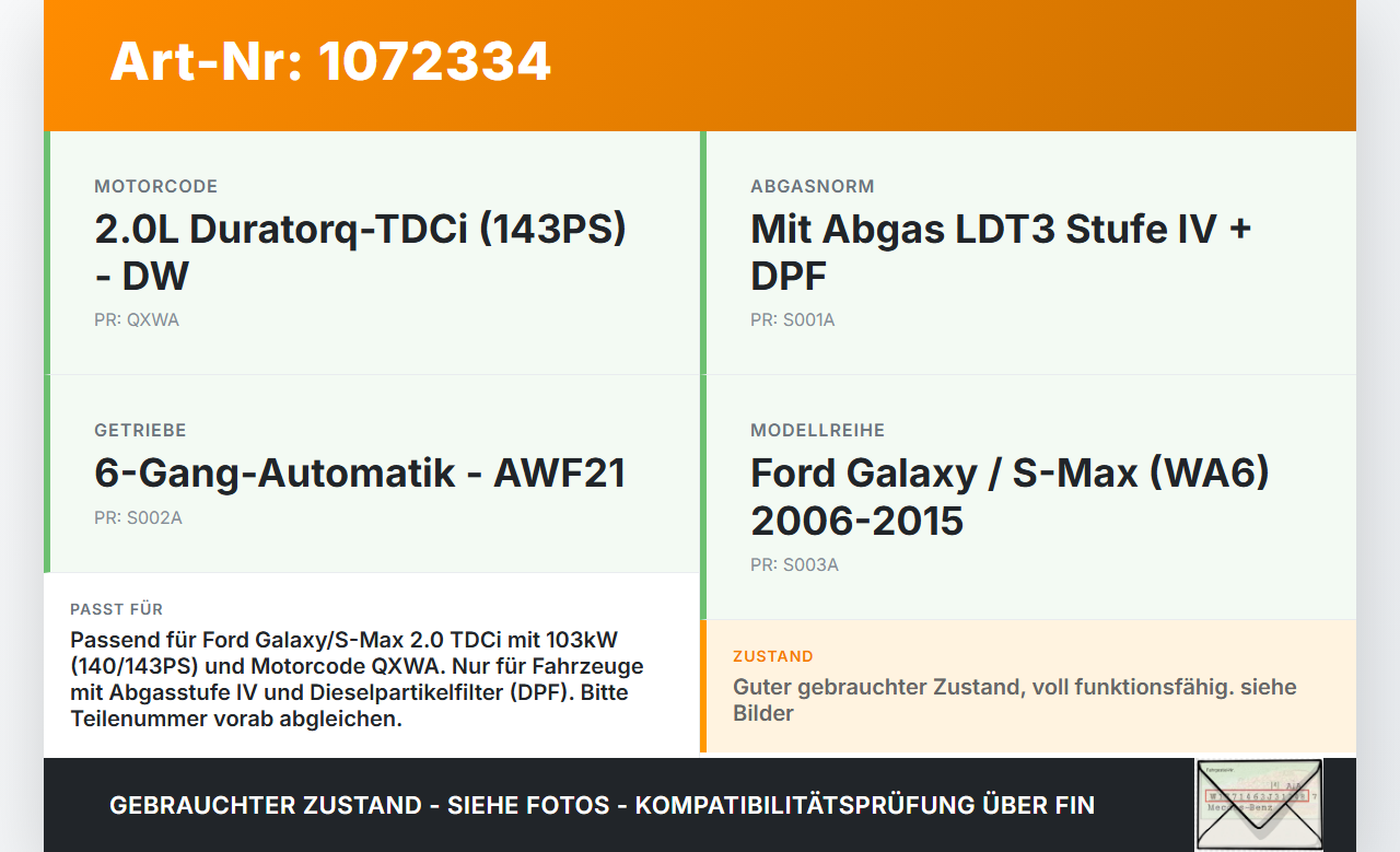 Ford Galaxy WA6 06-10 2,0 103KW QXWA Turbolader Turbo Abgasturbolader Ford Galaxy WA6 06-10 26.09.2008... Vorschau 3