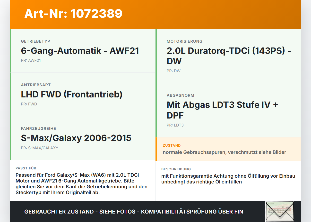 Ford Galaxy WA6 06-10 2,0 103KW AWF21 Automatikgetriebe Getriebe ohne Wandler Ford Galaxy WA6 06-10 26.09.2008... Vorschau 3