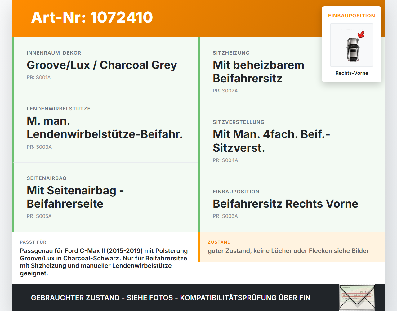 Ford C-Max II 15-19 5T Sitzbezug Sitzpolster für Beifahrersitz Rechts Vorne beheizt Ford C-Max II 15-19 09.01.2018... Vorschau 3