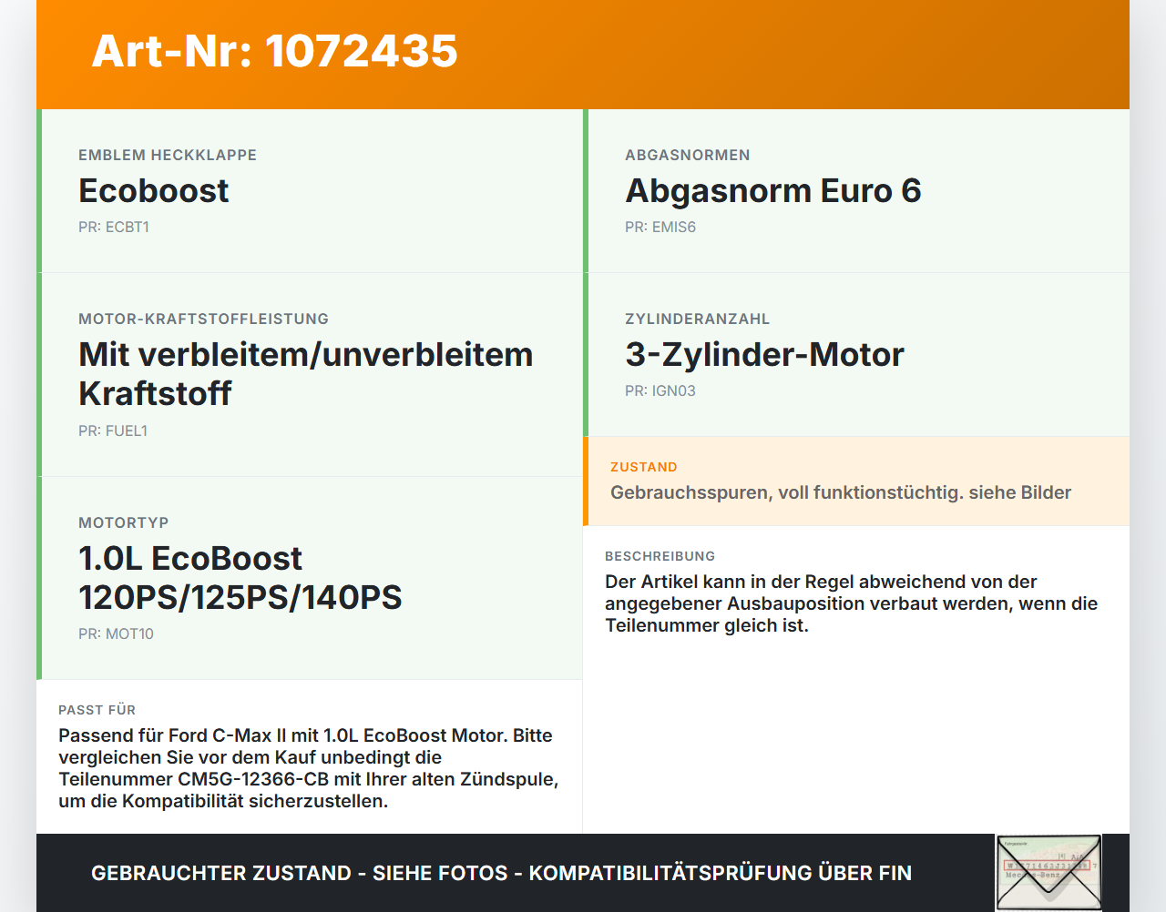 Ford C-Max II 15-19 1,0 92KW Zündspule Zyl.3 Ford C-Max II 15-19 09.01.2018 CM5G-12A366-CB CM5G-12366-CB D5E1G7825... Vorschau 3