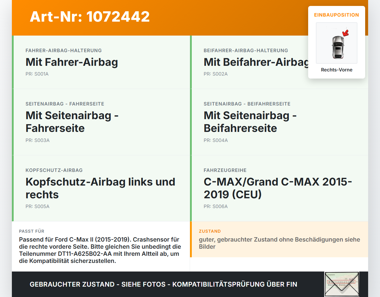 Ford C-Max II 15-19 Airbagsensor Crashsensor Sensor Rechts Vorne Ford C-Max II 15-19 09.01.2018 DT11-A625B02-AA... Vorschau 3