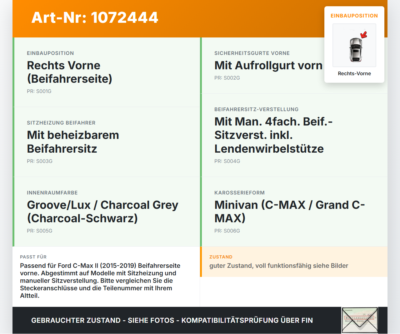 Ford C-Max II 15-19 5T Gurtschloss Rechts Vorne Ford C-Max II 15-19 09.01.2018 AM51-R61295-AE3YYW gebraucht Vorschau 3