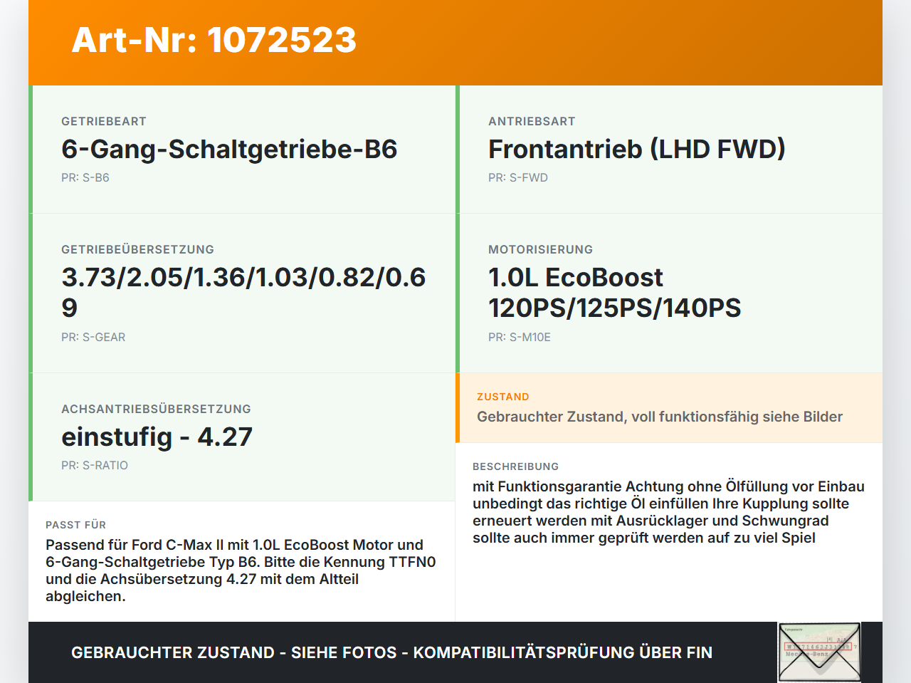 Ford C-Max II 15-19 1,0 92KW B6 Schaltgetriebe Getriebe TTFN0 Ford C-Max II 15-19 09.01.2018 CV6R-7002-KD... Vorschau 3