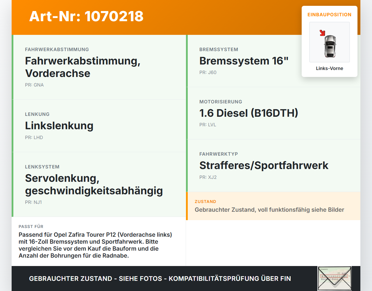 Opel Zafira Tourer P12 16-19 TDI 1,6 119KW Achsschenkel Radnabe Links Vorne Opel Zafira Tourer P12 16-19 20.12.2016... Vorschau 3