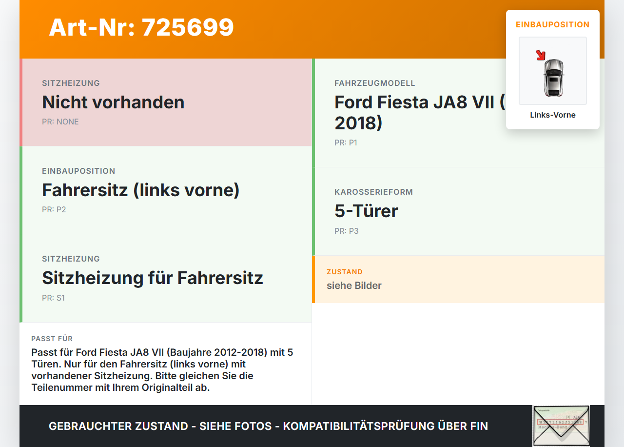 Ford Fiesta JA8 VII 12-18 5T Sitzpolster für Fahrersitz Sitz Links Vorne beheizt Ford Fiesta JA8 VII 12-18... Vorschau 3