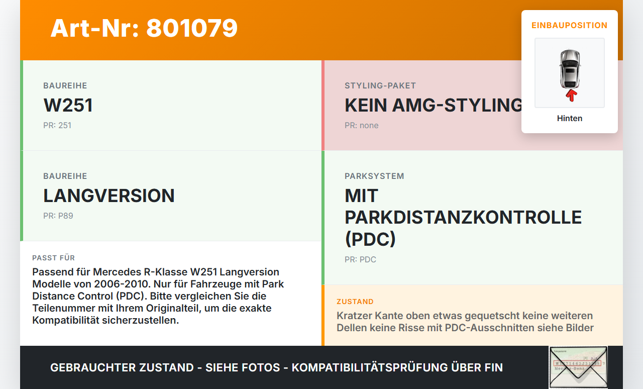 Mercedes R320 W251 06-10 Lang Stoßstange Stoßfänger Hinten 775 Mercedes R320 W251 06-10 04.07.2006 gebraucht Vorschau 3