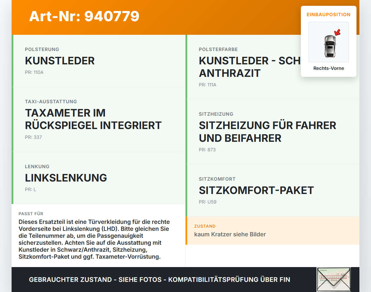 Mercedes W246 B180 14-18 Türverkleidung Türpappe Rechts Vorne Mercedes W246 B180 14-18 22.11.2016 A2467202600 gebraucht Vorschau 3