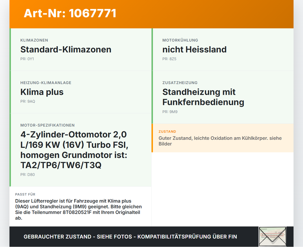 Audi Q5 8R 12-16 Widerstand Gebläse Lüfter Audi Q5 8R 12-16 04.10.2016 8T0820521F 100.061.232-01 gebraucht Vorschau 3