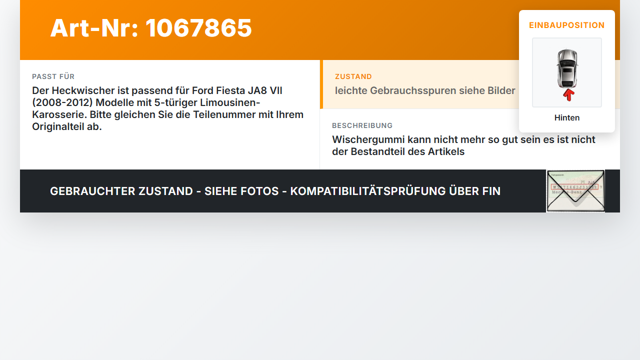 Ford Fiesta JA8 VII 08-12 5T Heckwischer Scheibenwischer Hinten Wischarm Ford Fiesta JA8 VII 08-12 19.01.2009 gebraucht Vorschau 3