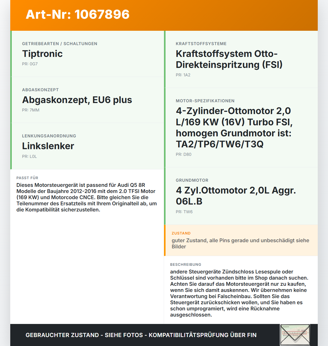 Audi Q5 8R 12-16 TFSI 2,0 169KW Steuergerät ECU für Motor Motorsteuergerät Audi Q5 8R 12-16 04.10.2016 8R2907115C... Vorschau 3