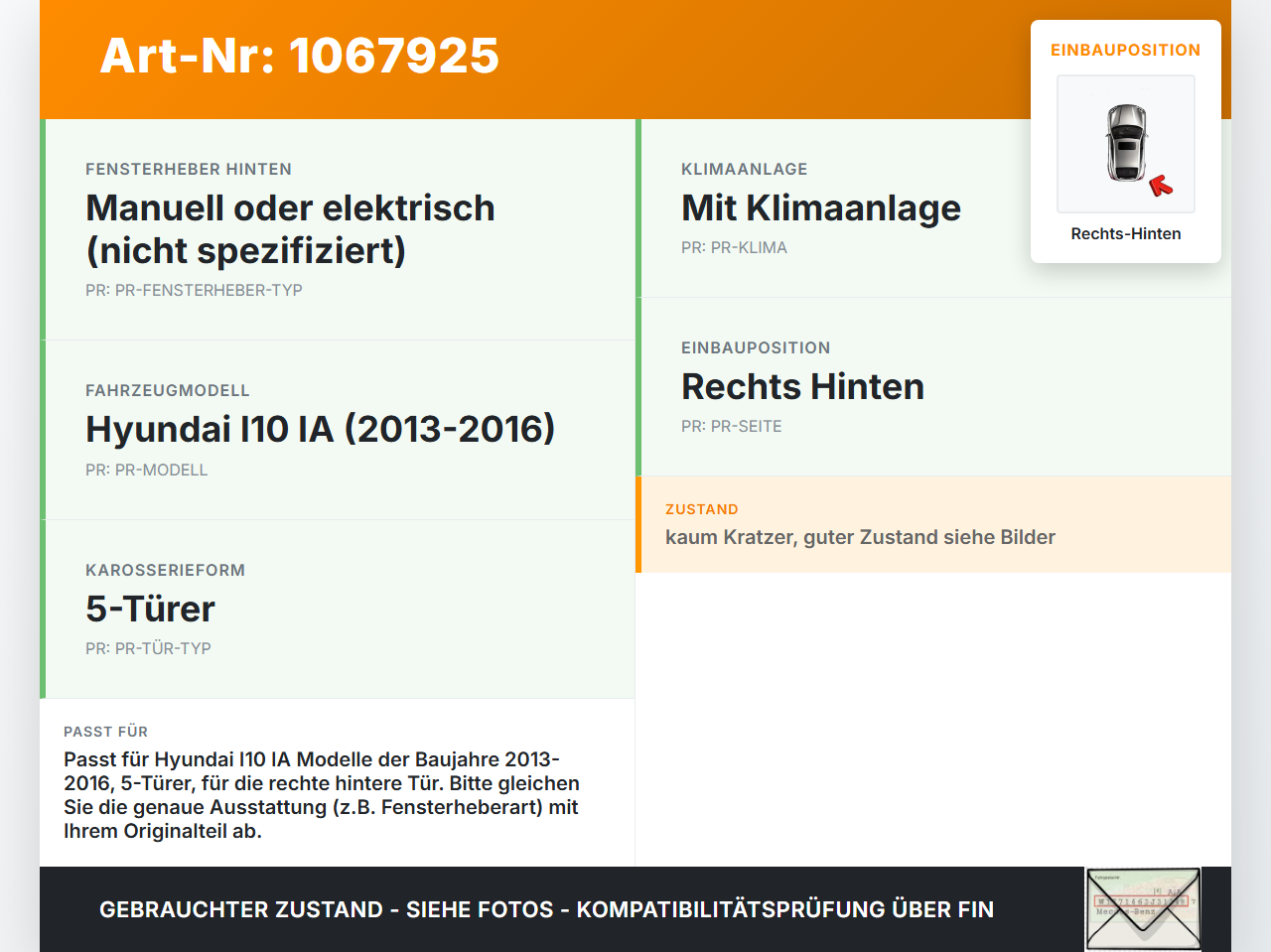 Hyundai I10 IA 13-16 5T Türverkleidung Türpappe Rechts Hinten Hyundai I10 IA 13-16 30.12.2015 gebraucht Vorschau 3