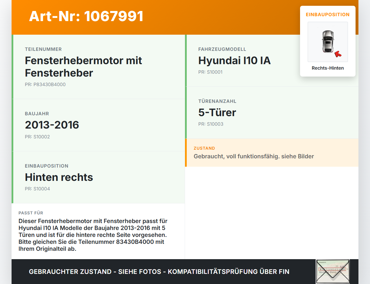 Hyundai I10 IA 13-16 5T Fensterhebermotor mit Fensterheber Rechts Hinten Hyundai I10 IA 13-16 30.12.2015 83430B4000... Vorschau 3
