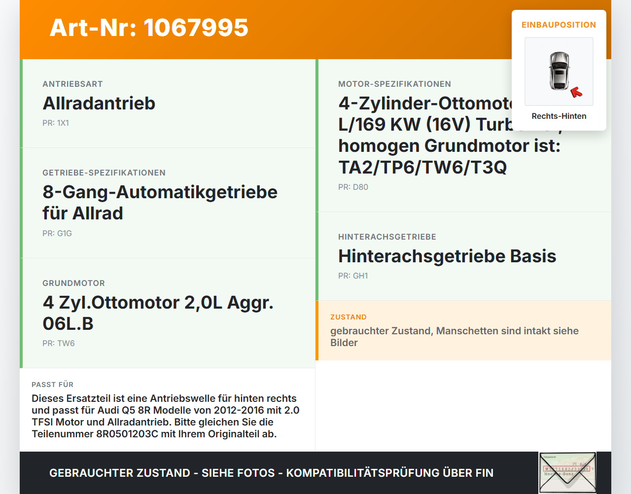 Audi Q5 8R 12-16  TFSI 2,0 Antriebswelle Gelenkwelle Rechts Hinten Audi Q5 8R 12-16 04.10.2016 8R0501203C gebraucht Vorschau 3