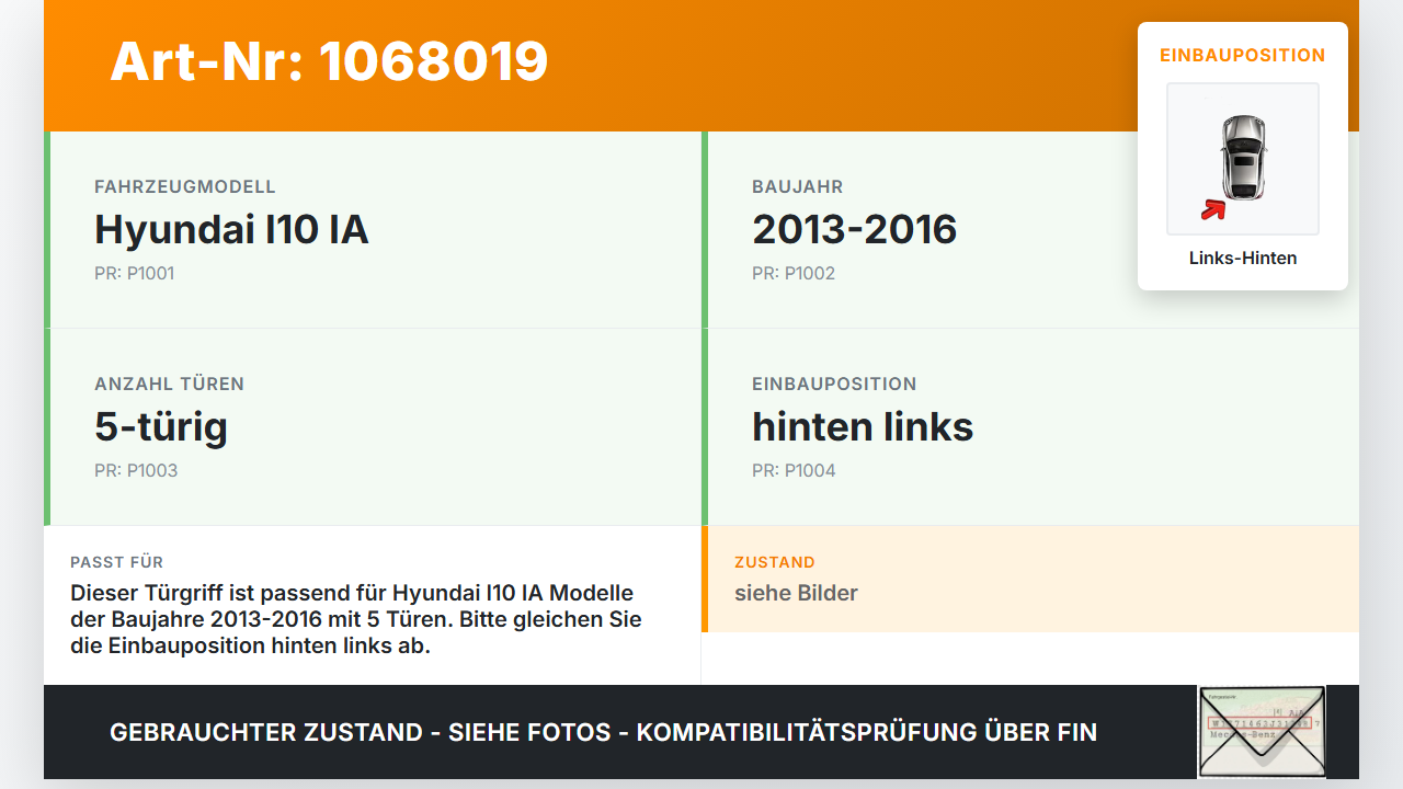 Hyundai I10 IA 13-16 5T Türgriff Griff aussen Links Hinten T5A Hyundai I10 IA 13-16 30.12.2015 gebraucht Vorschau 3