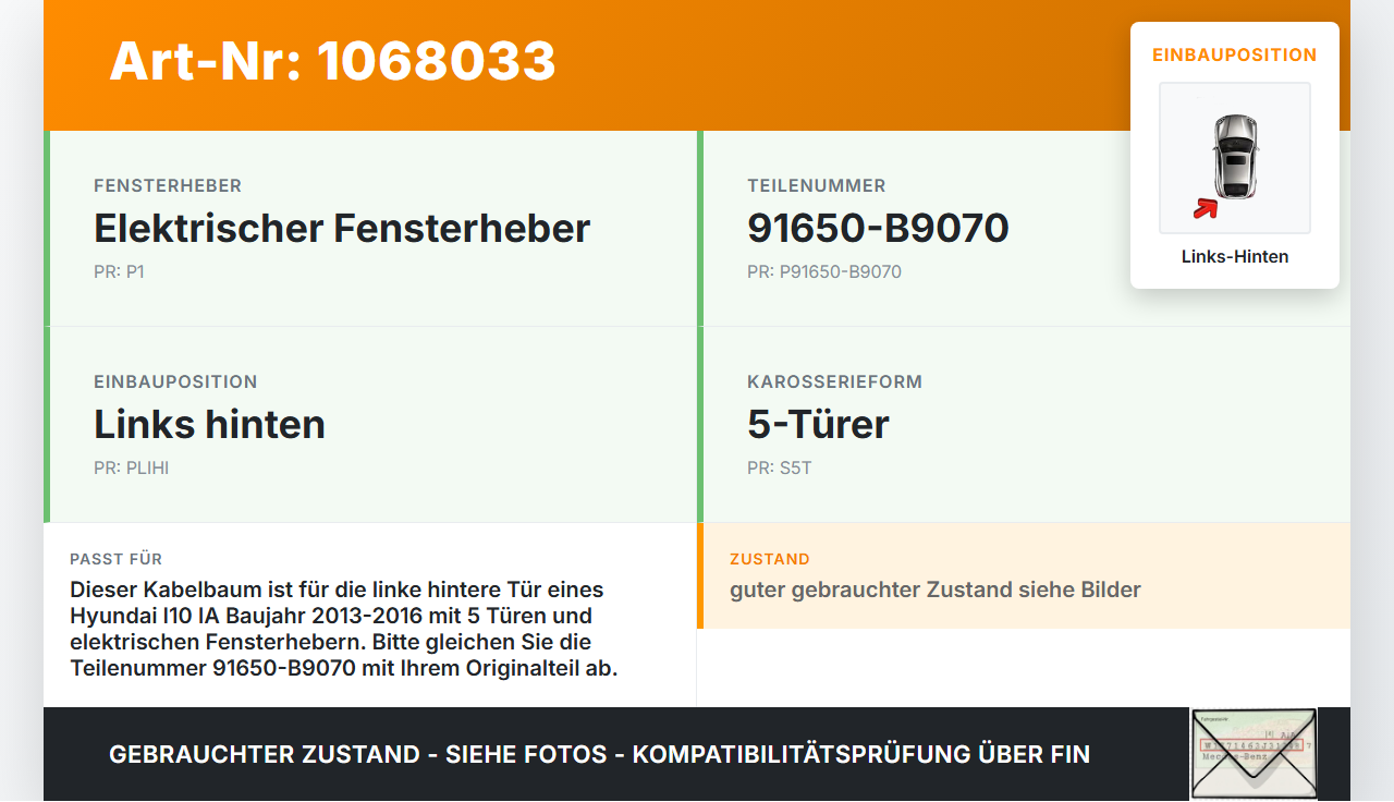 Hyundai I10 IA 13-16 5T Kabelbaum für Tür und Fensterheber Links Hinten Hyundai I10 IA 13-16 30.12.2015 91650-B9070... Vorschau 3