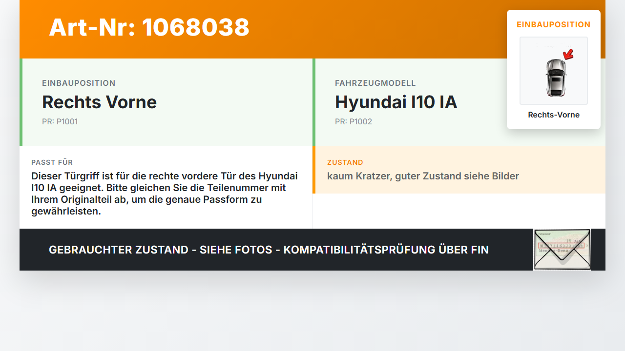 Hyundai I10 IA 13-16 5T Türgriff Außengriff Griff außen mit Träger Rechts Vorne T5A Hyundai I10 IA 13-16 30.12.2015... Vorschau 3