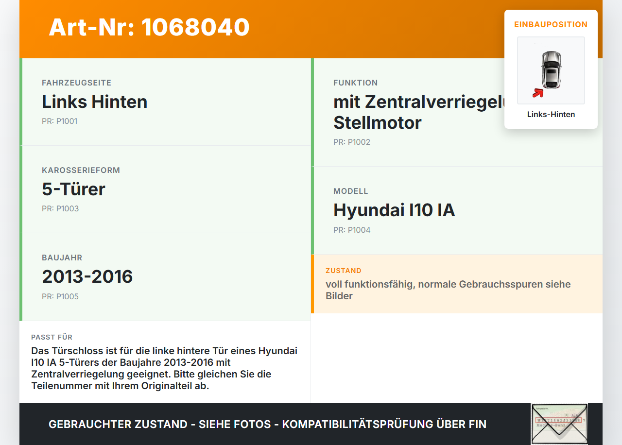 Hyundai I10 IA 13-16 5T Türschloss m. ZV Stellmotor Links Hinten Hyundai I10 IA 13-16 30.12.2015 gebraucht Vorschau 3