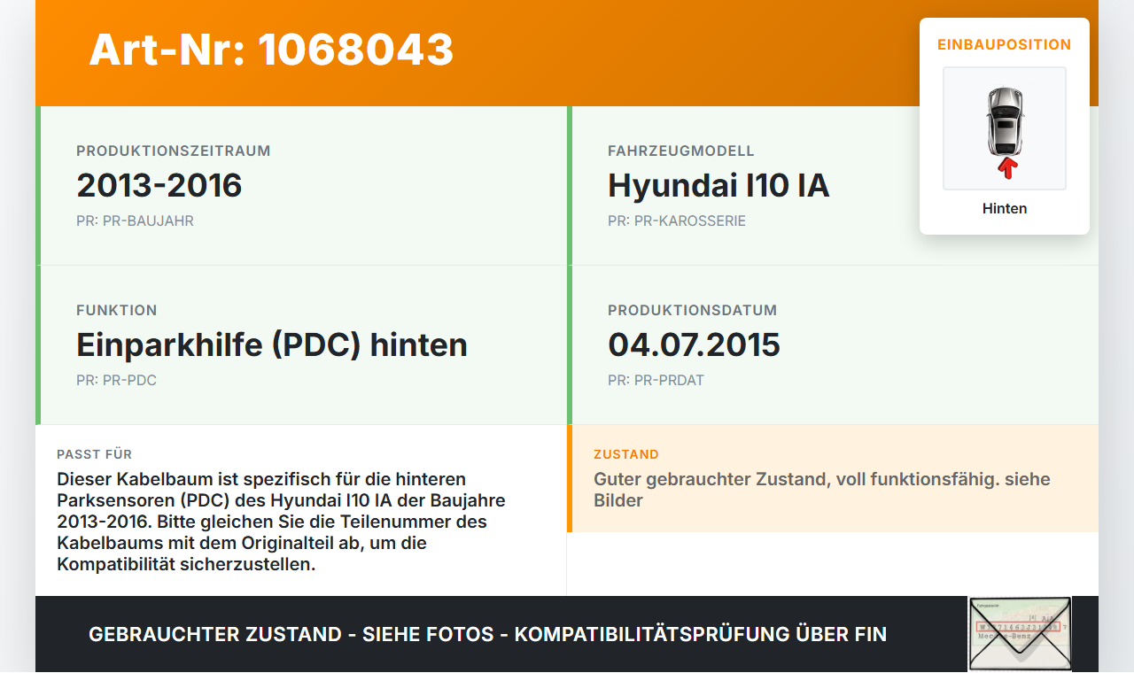 Hyundai I10 IA 13-16 5T Kabelbaum Leitungssatz Kabelstrang Parksensoren PDC Hinten Hyundai I10 IA 13-16 30.12.2015... Vorschau 3