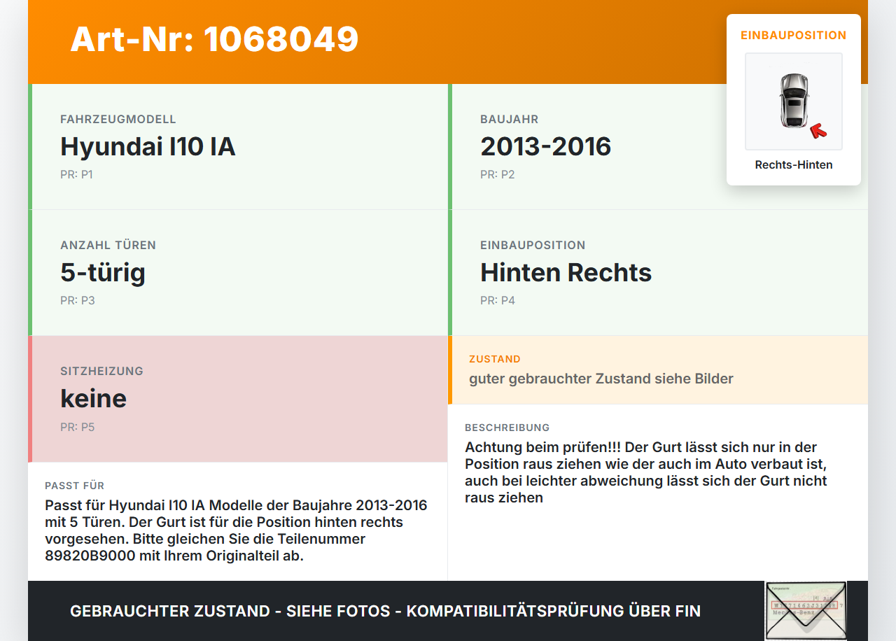 Hyundai I10 IA 13-16 5T Gurt Sicherheitsgurt Rechts Hinten Hyundai I10 IA 13-16 30.12.2015 89820-B9000 89820B9000... Vorschau 3