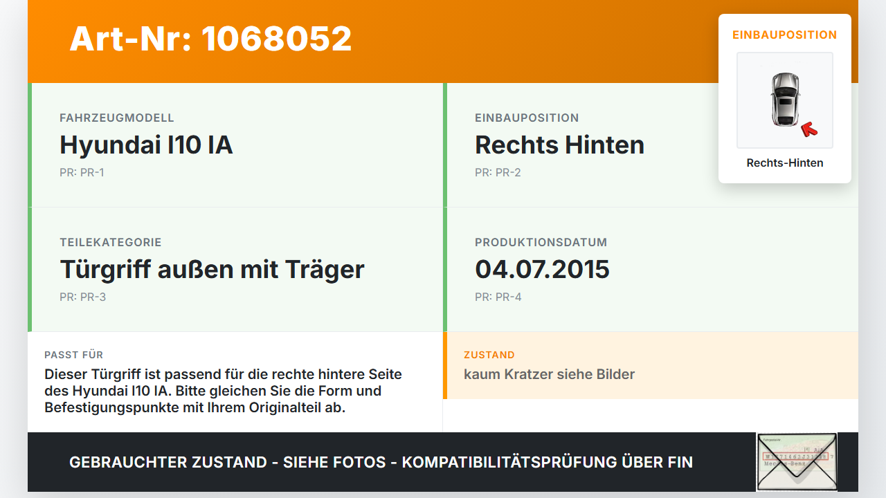 Hyundai I10 IA 13-16 5T Türgriff außen Außentürgriff Griff mit Träger Rechts Hinten T5A Hyundai I10 IA 13-16... Vorschau 3