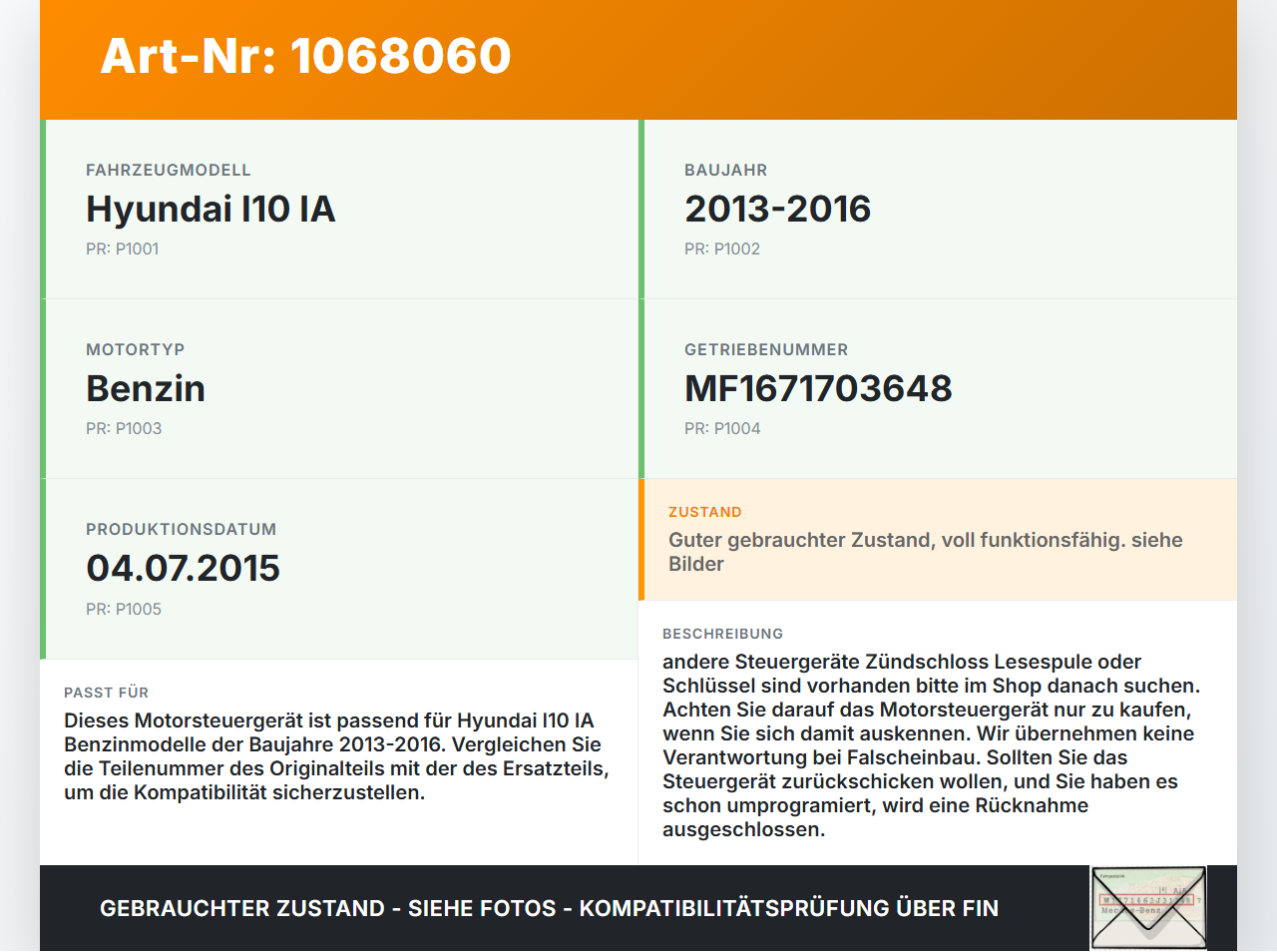 Hyundai I10 IA 13-16 1,2 64KW Motorsteuergerät Steuergerät ECU Motorrechner Benzin Hyundai I10 IA 13-16 30.12.2015... Vorschau 3