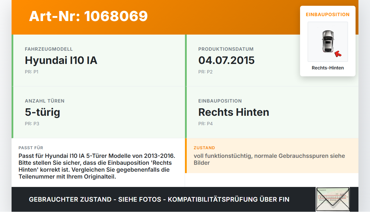 Hyundai I10 IA 13-16 5T Türfangband Türbremse Türanschlag Rechts Hinten Hyundai I10 IA 13-16 30.12.2015 gebraucht Vorschau 3