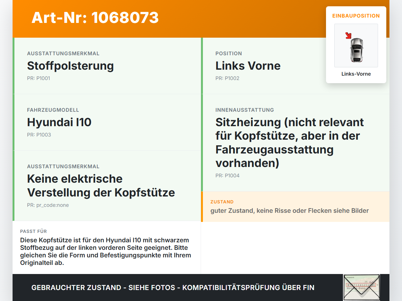 Hyundai I10 IA 13-16 Kopfstütze Nackenstütze Kopfpolster Stoff Schwarz Links Vorne Hyundai I10 IA 13-16 30.12.2015... Vorschau 3