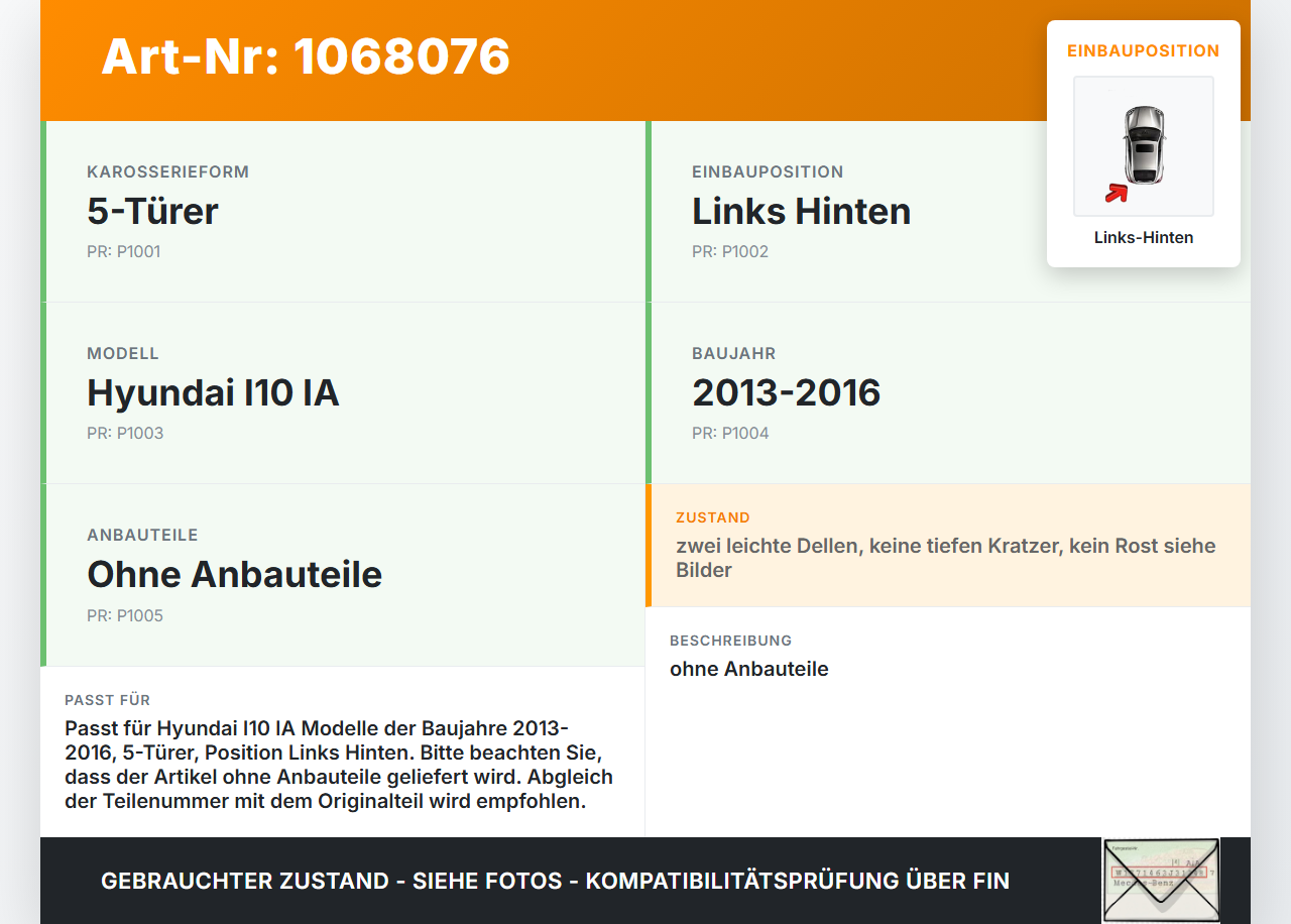 Hyundai I10 IA 13-16 5T Tür Autotür Seitentür Fahrzeugtür Links Hinten T5A Hyundai I10 IA 13-16 30.12.2015 gebraucht Vorschau 3