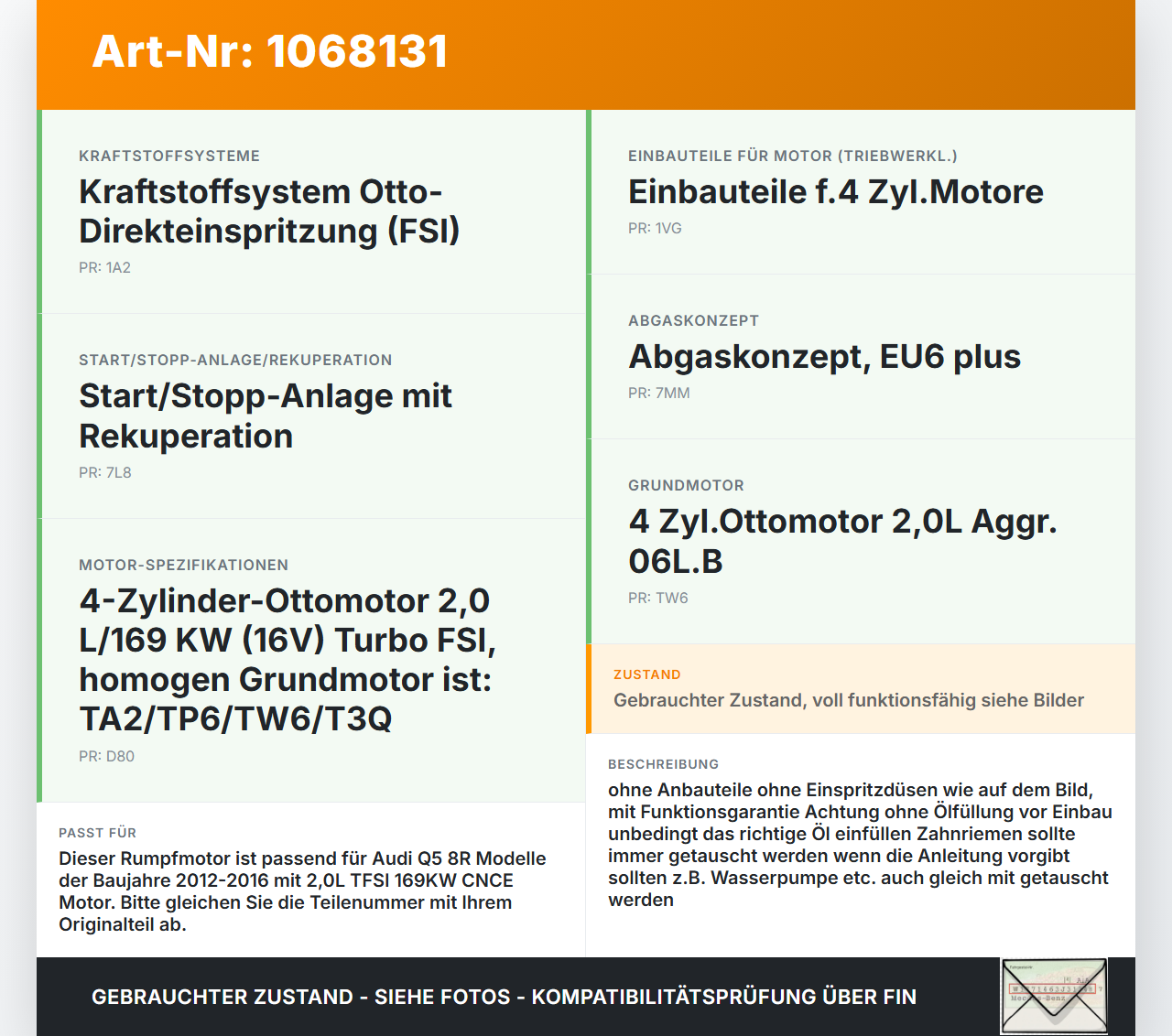 Audi Q5 8R 12-16 TFSI 2,0 169KW CNCE Motor Triebwerk Rumpfmotor Aggregat Audi Q5 8R 12-16 04.10.2016 gebraucht Vorschau 3
