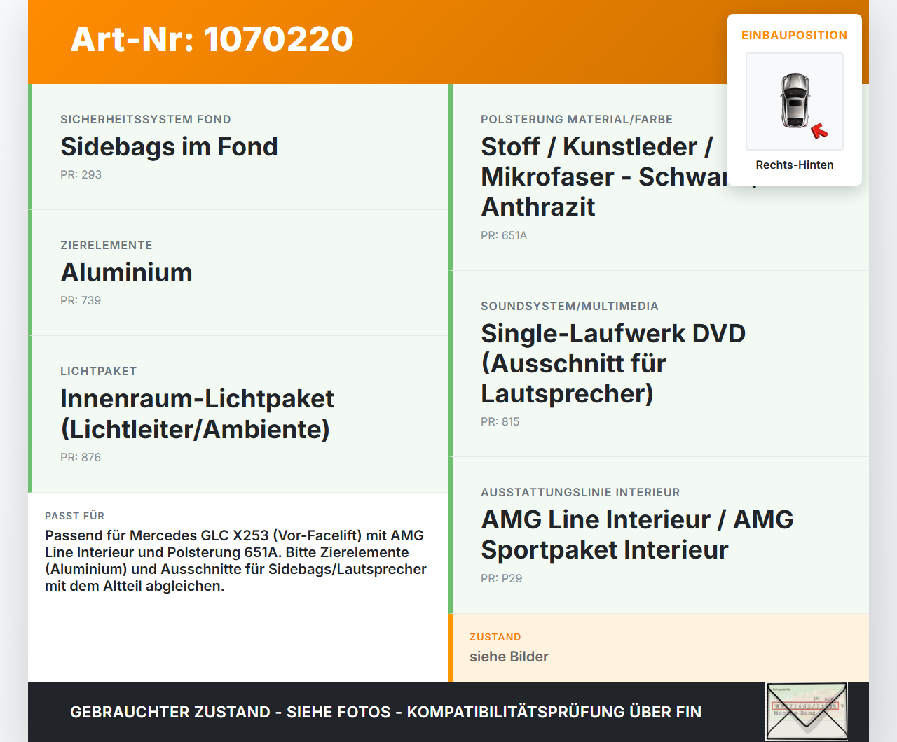 Mercedes X253 15-19 CDI 2,2 125KW Türverkleidung Rechts Hinten Mercedes X253 15-19 14.09.2015 A2537301003 gebraucht Vorschau 3