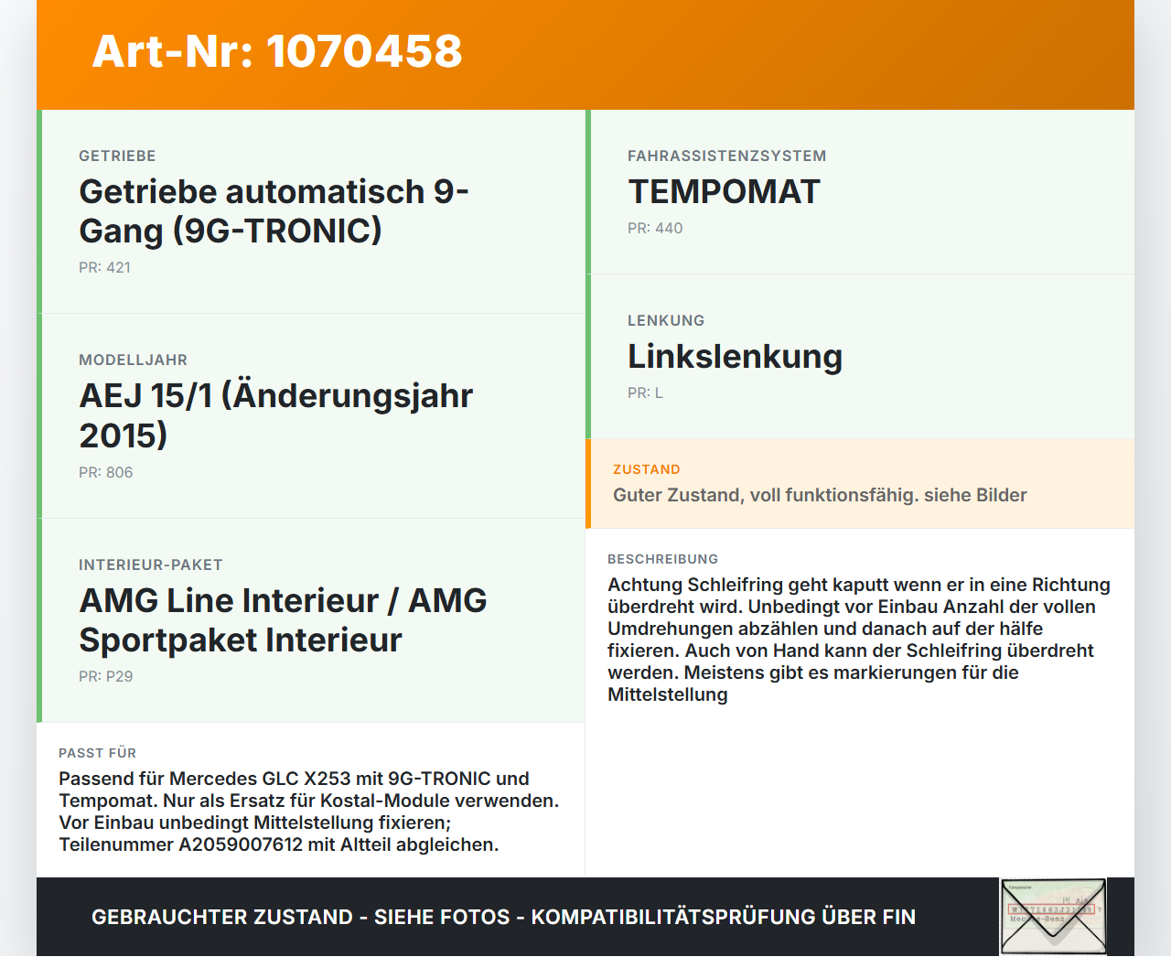 Mercedes X253 15-19 Airbag Schleifring Wickelfeder Mercedes X253 15-19 14.09.2015 A2059007612 gebraucht Vorschau 3