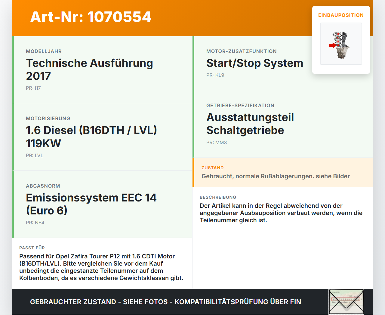 Opel Zafira Tourer P12 16-19 TDI 1,6 119KW B16DTH Kolben mit Pleuel Pos A Opel Zafira Tourer P12 16-19 20.12.2016... Vorschau 3