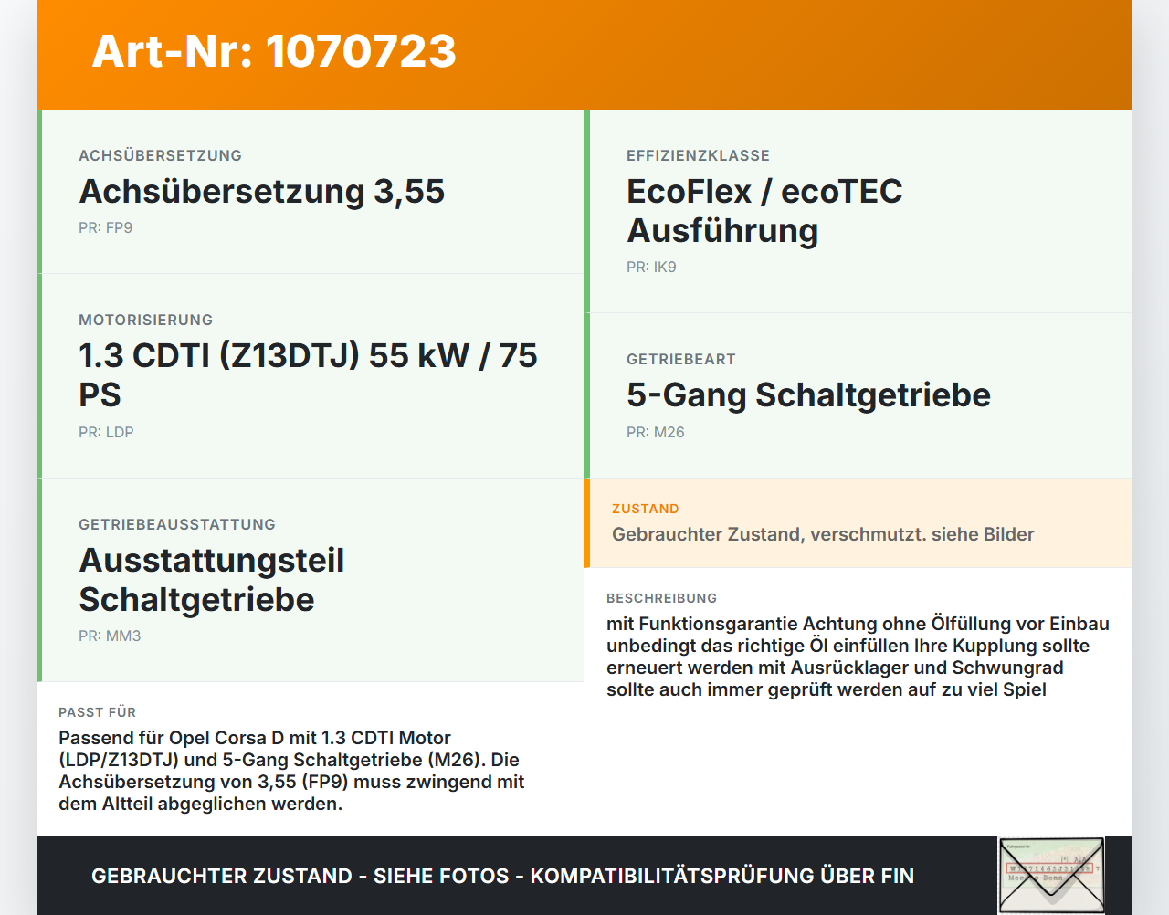 Opel Corsa D 06-10 1,2 55KW M26 Schaltgetriebe Getriebe Opel Corsa D 06-10 07.11.2008 94718590 5700300 gebraucht Vorschau 3
