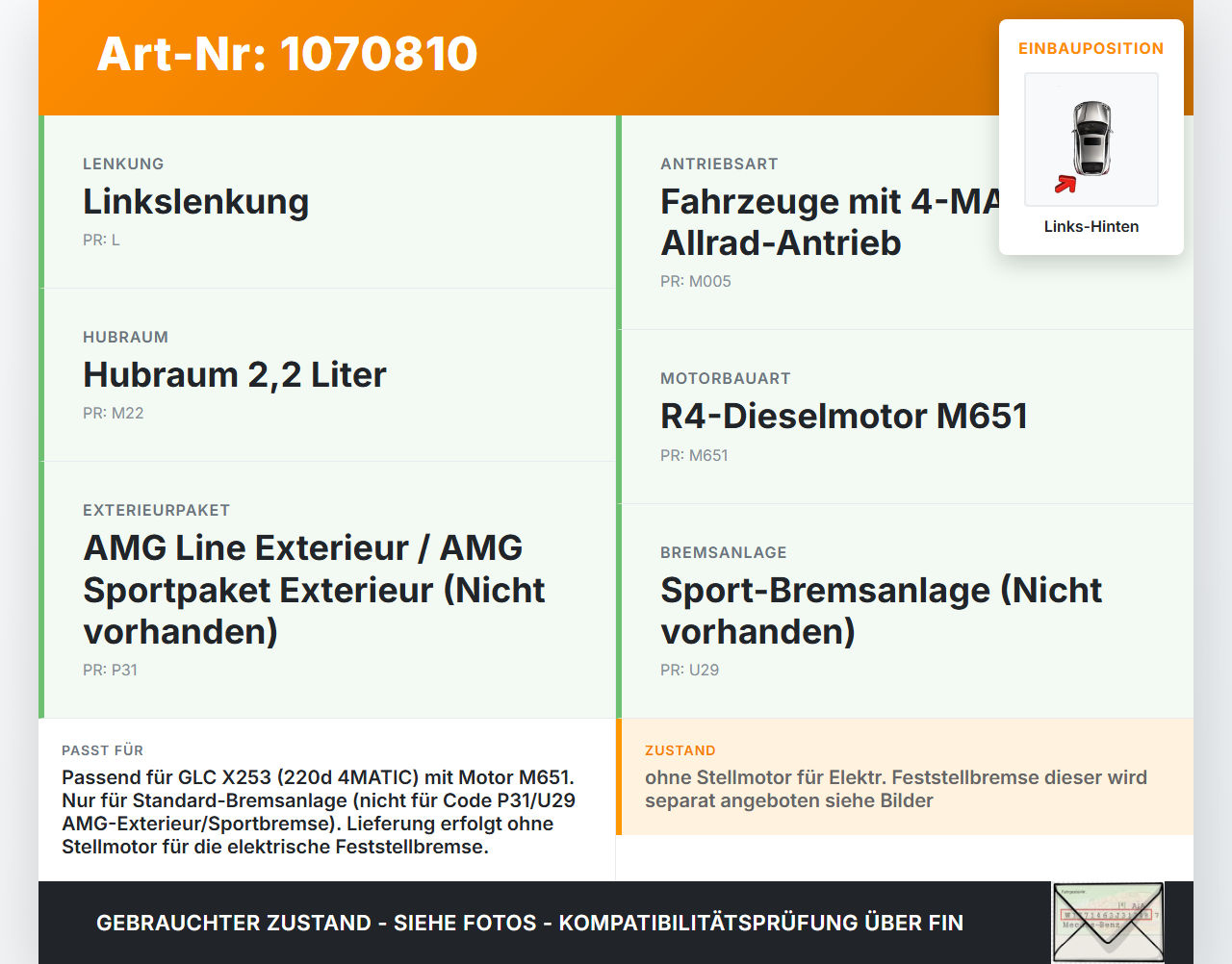 Mercedes X253 15-19 CDI 2,2 125KW Bremssattel Bremszange Hinten Links Mercedes X253 15-19 14.09.2015 A2534230181... Vorschau 3
