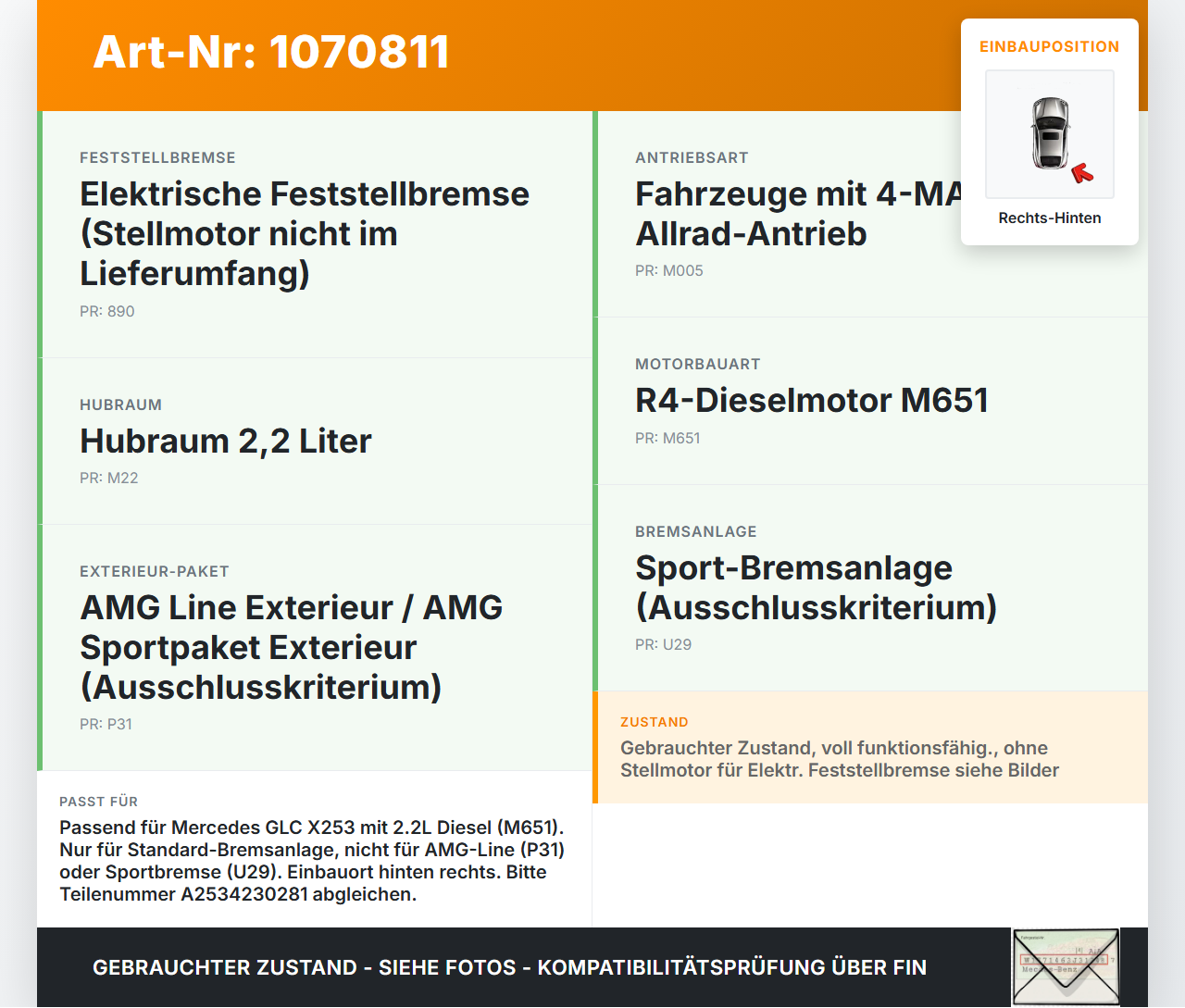 Mercedes X253 15-19 CDI 2,2 125KW Bremssattel Bremszange Hinten Rechts Mercedes X253 15-19 14.09.2015 A2534230281... Vorschau 3