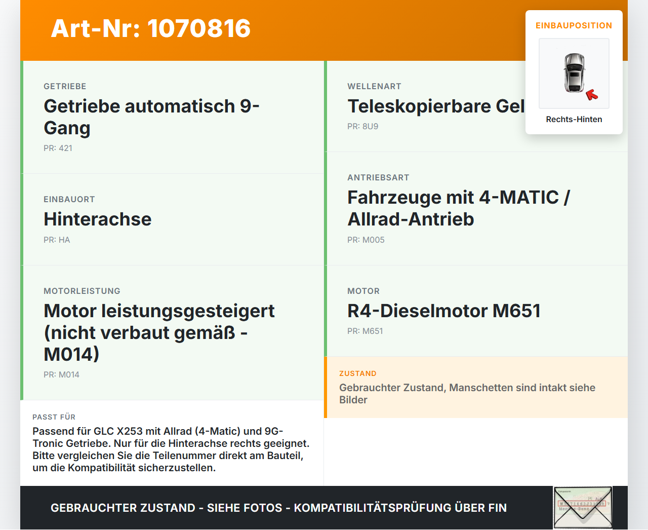 Mercedes X253 15-19 Kombi CDI 2,2 125KW 4WD Antriebswelle Gelenkwelle Rechts Hinten Mercedes X253 15-19 14.09.2015... Vorschau 3