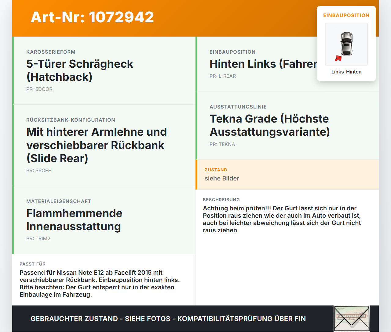 Nissan Note E12 13-17 5T Gurt Sicherheitsgurt Links Hinten Nissan Note E12 13-17 25.02.2016 888443VU0B... Vorschau 3