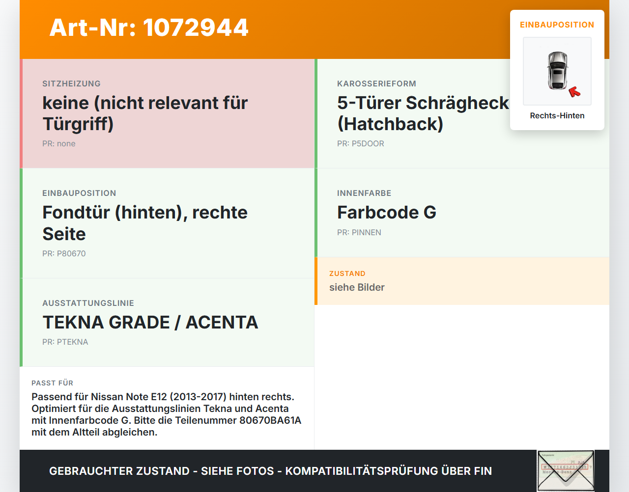 Nissan Note E12 13-17 5T Griff Griffmuschel Türgriff Innen Rechts Hinten Nissan Note E12 13-17 25.02.2016... Vorschau 3