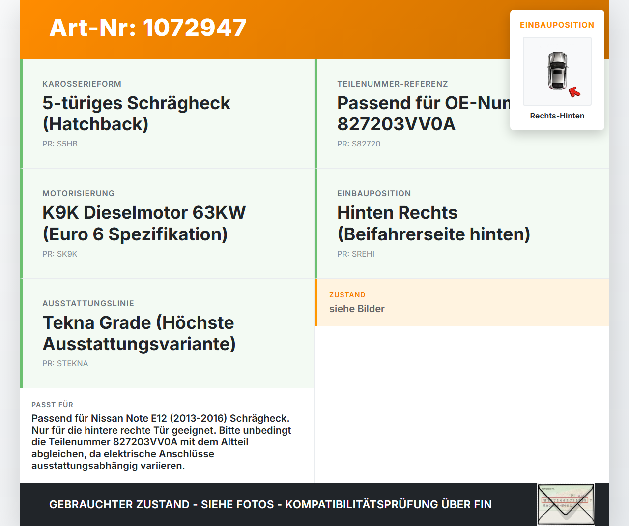 Nissan Note E12 13-17 5T Fensterhebermotor mit Fensterheber Rechts Hinten Nissan Note E12 13-17 25.02.2016... Vorschau 3