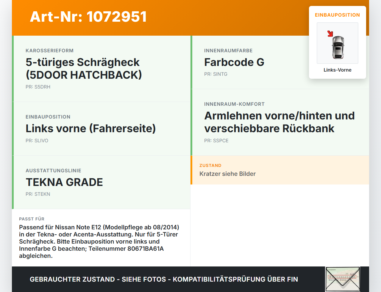 Nissan Note E12 13-17 5T Türgriff Griff Griffmuschel Innen Links Vorne Nissan Note E12 13-17 25.02.2016 80671BA61A... Vorschau 3