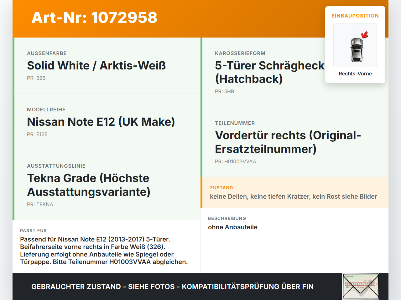 Nissan Note E12 13-17 5T Tür Beifahrertür Rechts Vorne 326 Nissan Note E12 13-17 25.02.2016 H01003VVAA gebraucht Vorschau 3