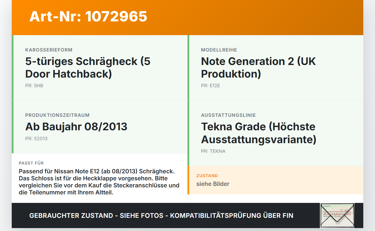 Nissan Note E12 13-17 5T Schloss f. Heckklappe Heckklappenschloss Verriegelung Nissan Note E12 13-17 25.02.2016... Vorschau 3