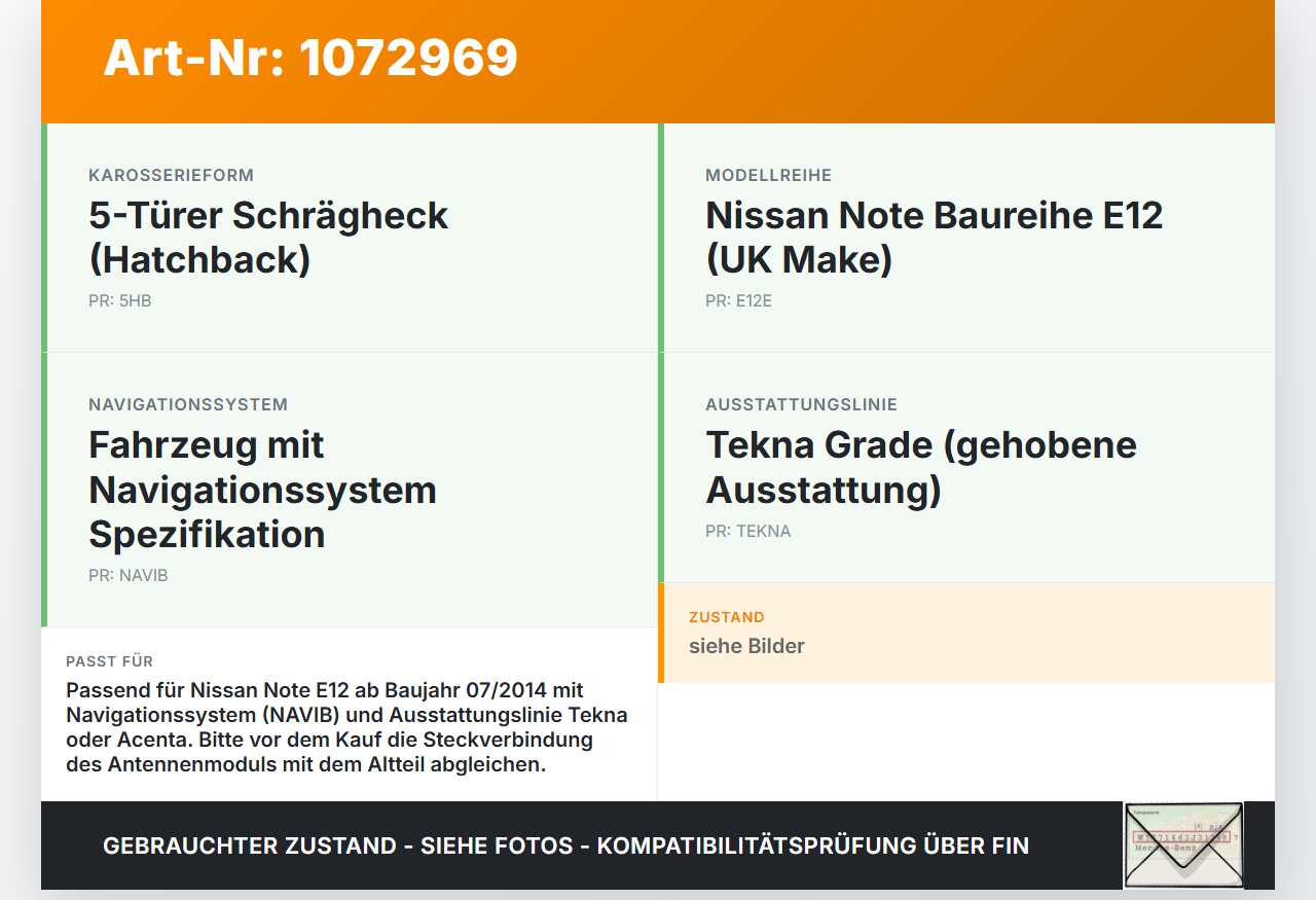 Nissan Note E12 13-17 Original GPS Antenne GPS Empfänger Navi Antennenmodul Nissan Note E12 13-17 25.02.2016... Vorschau 3